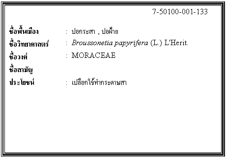 กล่องข้อความ: 7-50100-001-133 ชื่อพื้นเมือง : ปอกระสา , ปอฝ้าย ชื่อวิทยาศาสตร์ : Broussonetia papyrifera (L.) L'Herit. ชื่อวงศ์ : MORACEAE ชื่อสามัญ ประโยชน์ : เปลือกใช้ทำกระดาษสา